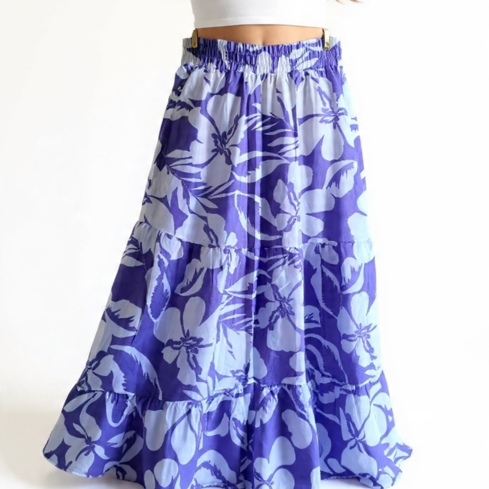 💜Vintage Purple & White Patterned Rufle Maxi Skirt
